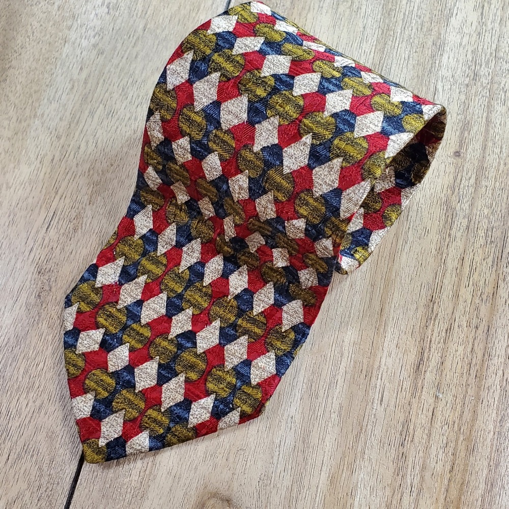 Ermenegildo Zegna Silk Tie Mens One Size Red Blue Gold Geometric Made in Italy - Picture 6 of 7